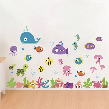 Cartoon zvieratá samolepky na stenu spálne deti izby domova podmorský svet rýb bublina stenu diy plagát pvc nástenné art