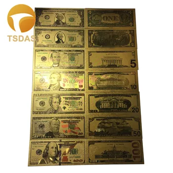 Celý Set 7pcs USA $1-100 Dolár, Zlato, Bankovky Farebnom Svete Peňazí Za Suveníry, Zlaté bankovky Kvapka Loď