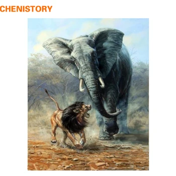 CHENISTORY Frameless Lev, Slon DIY Maľovanie Podľa Čísel Zvierat Sfarbenie Maľovanie Podľa Čísel & Kaligrafie Ručne Maľované Darčekové