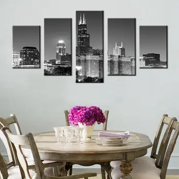 Chicago Skyline Noci, Čierne a Biele Plátno Tlačiť Múr Umenia Maľby Domáce Dekorácie Architektúry Budov Business výhľad na Mesto