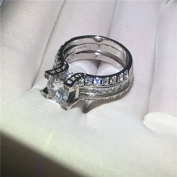 Choucong Najvyššej kvality 3ct AAAAA zirkón Crystal prsteň Biele zlato naplnené 2-v-1 Zapojenie Svadobné Kapela Krúžky, sada Pre Ženy Muži