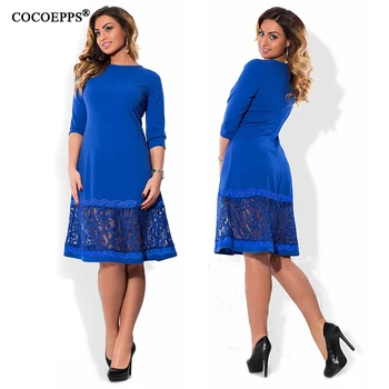 COCOEPPS L-6XL elegantné modré ženy šaty veľké veľkosti Jeseň o-krku voľné šaty plus veľkosť podkolienok šaty black red bežné šaty
