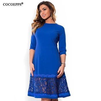 COCOEPPS L-6XL elegantné modré ženy šaty veľké veľkosti Jeseň o-krku voľné šaty plus veľkosť podkolienok šaty black red bežné šaty