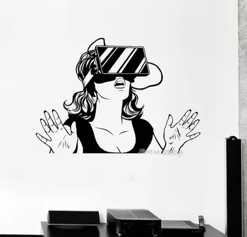 Cool Dievča Vinyl na Stenu-Nálepky Virtuálnej Reality Headset VR Zariadenie Žena Nálepky Spálňa Art Nástenné Domova Vinilos Paredes LA583