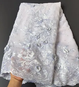 Cool touch Obyčajný biely Originál Švajčiarsky Voile Čipky Šifón Afriky Čipky Textílie s množstvom kameňov 3D Appliques 7165 5 metrov/PC