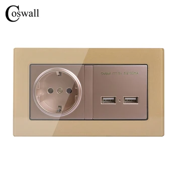 COSWALL Sieťovej Zásuvky EÚ Štandardnej elektrickej Zásuvky S Dual USB Nabíjanie Port Pre Mobilné 5V 2,1 A Výstup Crystal Tvrdené Sklo Panel