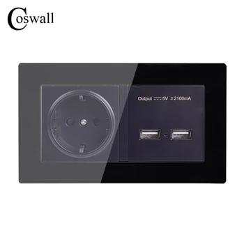 COSWALL Sieťovej Zásuvky EÚ Štandardnej elektrickej Zásuvky S Dual USB Nabíjanie Port Pre Mobilné 5V 2,1 A Výstup Crystal Tvrdené Sklo Panel