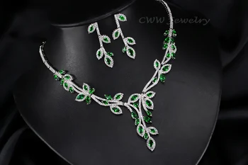 CWWZircons Elegantné Leaf Drop Zelenými Zirkónmi Veľký Svadobný Náhrdelník A Náušnice Svadobné Šperky Sady Pre Ženy T242