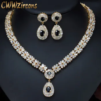 CWWZircons Nádhernej Zlatej Farby Kolo AAA+ Swiss Cubic Zirconia Crystal Ženy Bižutérie Súpravy S Black Zirkón Kamene T104