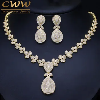 CWWZircons Ušľachtilý Micro Pave Cubic Zirconia Kamene Luxusný Dubaj Zlatá Farba Svadobné Svadobné Náhrdelníky Sady Šperkov Pre Ženy T157
