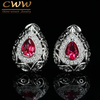 CWWZircons Vintage Dizajn Hruškovitého Tvaru Rose Red Crystal Ženy Klip Stud Náušnice So Zirkónmi Kameň Betónová CZ357