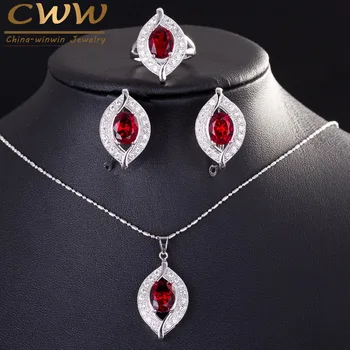 CWWZircons Vysokej Kvality Red Crystal 925 Sterling Silver Náhrdelníky Náušnice A Prsteň Súpravy Šperkov Pre Ženy Vianočný Darček T192