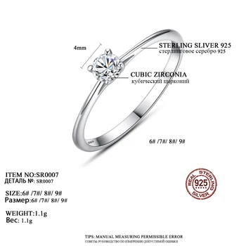 CZCITY Značky Jednoduché Klasické 4 mm Cubic Zirconia 925 Silver Prst Prsteň Romantické Svadobné Svadobné 925 Sterling Silver Šperky Prstene