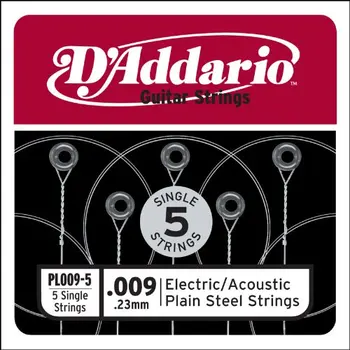 D ' Addario PL009-5 Plain Steel Gitara Jeden Reťazec pre Akustické a Elektrické Gitary, .009, 5-pack