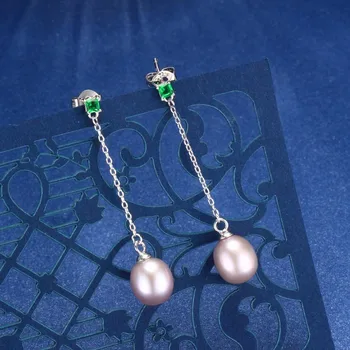 Dainashi 925 sterling silver originálne prírodné skutočný ideálny pearl drop dlhé náušnice s 0.04 carat emerald jemné šperky
