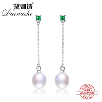 Dainashi 925 sterling silver originálne prírodné skutočný ideálny pearl drop dlhé náušnice s 0.04 carat emerald jemné šperky