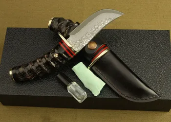 Damasku Ocele lovecký nôž pevnou čepeľou outdoor camping nôž s Divokými cavel rukoväť rovný nôž prežil