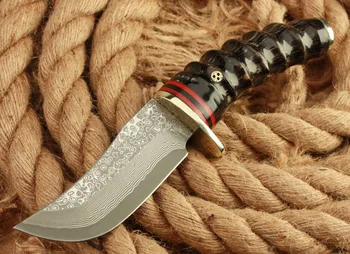 Damasku Ocele lovecký nôž pevnou čepeľou outdoor camping nôž s Divokými cavel rukoväť rovný nôž prežil
