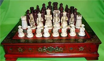 Dekorácie mosadz factory Čistej Mosadze Starožitné Čínsky Qing Charakter 32 kusov šach & Kože, Dreva Box Kvet, Vták Tabuľka