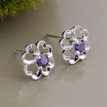 Delikátna kvetinové s fialovým kameňom kvalitné Strieborné Náušnice pre ženy Veľkoobchod strieborné náušnice /PSZPYAHX XZXLQMER