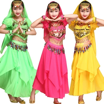 Deti, brušný tanec 4 ks(top+šaty+opasok+strane reťazca) Dieťa Dievčatá Orientálna Dancingd Šaty Ruža Červená Žltá Modrá Brušného Tanca šaty
