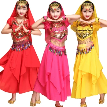 Deti, brušný tanec 4 ks(top+šaty+opasok+strane reťazca) Dieťa Dievčatá Orientálna Dancingd Šaty Ruža Červená Žltá Modrá Brušného Tanca šaty