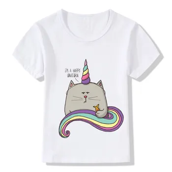 Deti Móda Cute Cat Jednorožec Dizajn Funny T-Shirt Deti Baby Harajuku Cartoon Oblečenie Chlapci Dievčatá Letné Topy Tees,HKP5075
