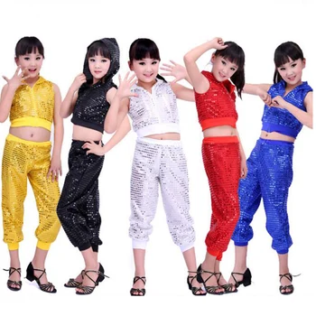 Deti Sequined Hip Hop Stage dancewear kostýmy Dievčatá Sála Strany Jazz dance Topy+nohavice výkon tanečné Oblečenie pre Chlapcov