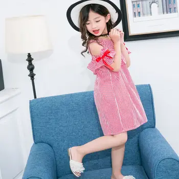 Detské šaty dievča šaty letné 2017 prekladané princezná šaty Pruhované šatku vlasy dievča pohodlné bavlnené šaty SH610