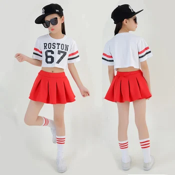 Dievča Hip Hop Oblečenie-Krátke rukáv Biele tričko Červené Sukne Jazz Kostým Cheerleading Roztlieskavačky Šaty