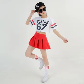 Dievča Hip Hop Oblečenie-Krátke rukáv Biele tričko Červené Sukne Jazz Kostým Cheerleading Roztlieskavačky Šaty