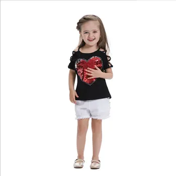 Dievčatá Krátke Rukávy Tshirts 2018 Bavlna Letné dievčenské Tričká v tvare Srdca Flitrami Zafarbenie Deti Tee Topy Deti Oblečenie
