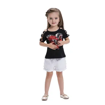 Dievčatá Krátke Rukávy Tshirts 2018 Bavlna Letné dievčenské Tričká v tvare Srdca Flitrami Zafarbenie Deti Tee Topy Deti Oblečenie
