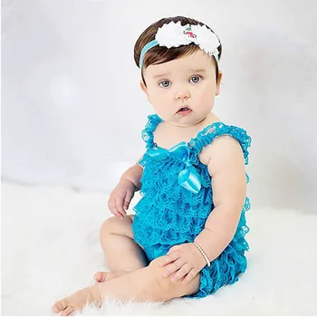 Dievčatá Oblečenie Baby Blue Rozstrapatené Čipky Romper Batoľa Detský Jumpsuit Nové Narodené Dieťa 1th Narodeniny Foto Vybavy