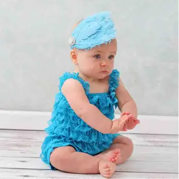 Dievčatá Oblečenie Baby Blue Rozstrapatené Čipky Romper Batoľa Detský Jumpsuit Nové Narodené Dieťa 1th Narodeniny Foto Vybavy