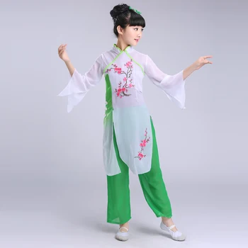 Dievčatá Výšivky Čínske Ľudové Tanečné Kostýmy Ruža Červená/zelená Deti Ventilátor Yangko Klasického Tanca Fáze Výkonu Oblečenie