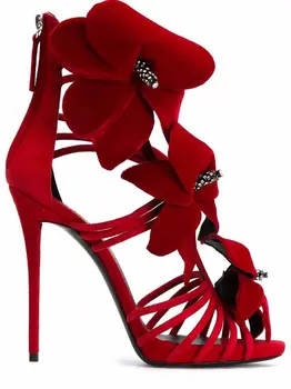 Dievčenské Nádherné Kvetinové Dekorácie Šaty, Sandále Červený Semiš 3D Kvetinový Svadobné Topánky Tenké Strappy Vysokým Podpätkom Sandále Crystal Čerpadlá