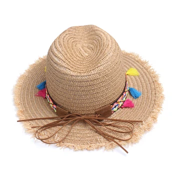 [DIFANNI] Lady slamený klobúk slnko čiapky Páse s nástrojmi Kolo Slamy Fedora Panamský Klobúk letné čiapky pre ženy slamený klobúk pre dievča farebné bambulka