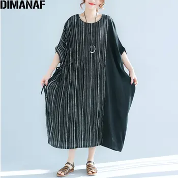 DIMANAF Plus Veľkosť 2018 Lete Ženy Šifón Šaty Pruhované Tlač Veľká Veľkosť Módne Bežné Pás Patchwork O-Krku Nové Šaty 6XL