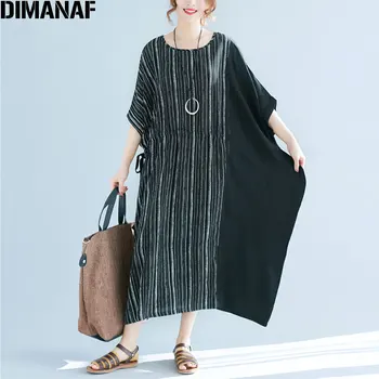 DIMANAF Plus Veľkosť 2018 Lete Ženy Šifón Šaty Pruhované Tlač Veľká Veľkosť Módne Bežné Pás Patchwork O-Krku Nové Šaty 6XL