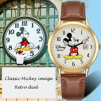 Disney Značky Mickey Mouse Ženy Hodinky Dámy Mužov, kožené Quartz Hodiny, Hodinky pre Deti, dievčatá, chlapcov Originálny Darček Box