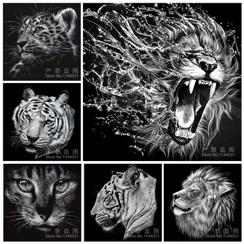 DIY 5D Diamond Maľovanie Cross Stitch Plný Diamond Výšivky, Tiger, Mačka, Lev Mozaiky Prilepili Maľovanie čiernobiely Portrét Zvierat