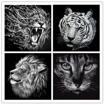 DIY 5D Diamond Maľovanie Cross Stitch Plný Diamond Výšivky, Tiger, Mačka, Lev Mozaiky Prilepili Maľovanie čiernobiely Portrét Zvierat