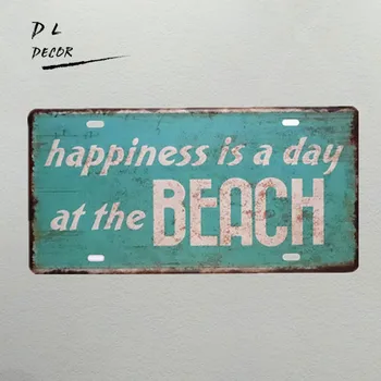 DL-Šťastie je deň na pláži špz stenu, nálepky vintage kovové prihlásiť vonkajšie nástenné tabule