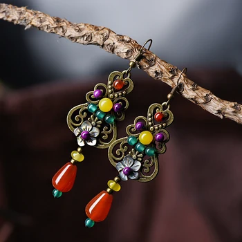 Dlho etnických drop náušnice starožitné pre ženy shell kvet červený žltý kameň, bronz zliatina farba háčik na zavesenie štýl vintage šperky