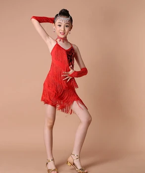 Doprava zadarmo 100-160 cm rumba latinské tanečné šaty tango samba strapce červená, ružová, zelená súťaže odborných dievča dieťa kostým