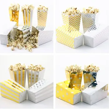 Doprava zadarmo 36pcs Lesk Zlata/Striebra Papier Popcorn Box na Retro Party/Hollywood/Movie Kovové Divadlo Potravín Darčekové Tašky