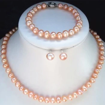 Doprava zadarmo 7-8mm prírodných sladkovodných kultivovaných pink pearl okrúhle korálky náhrdelník náramok náušnice vysokej kvality šperky set MY4606