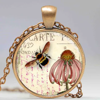 Doprava zadarmo Bee Náhrdelník včiel medonosných Šperky Coneflower Záhradný Kvet Kvetinový Umenie Prívesok Sklo cabochon Náhrdelník