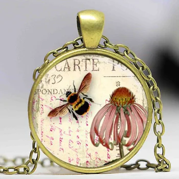 Doprava zadarmo Bee Náhrdelník včiel medonosných Šperky Coneflower Záhradný Kvet Kvetinový Umenie Prívesok Sklo cabochon Náhrdelník